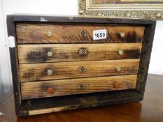 A 4 drawer tool chest with Tunbridge ware decoration & some tools