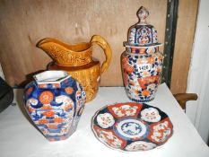 A treacle glazed hound handled jug by Wood, Japanese plate etc.