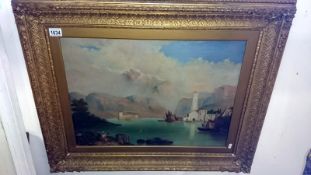 Oil on canvas continental lake scene, possibly Italian, signed but indistinct, size inc.