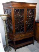 An Edwardian inlaid mahogany display cabinet with ornate astragal glazed doors and sides