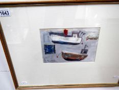 A Cornish school abstract in Gouache/acrylics entitled 'fishing boats Penzance' signed J.P.