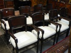 Set of 8 dark wood stained chairs with white upholstered seat cushions