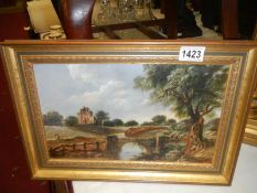 19th century oil on panel 'The old bridge & folly' Image size 32cm x 20cm