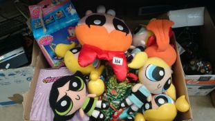 A collection of power puff toys and collectibles