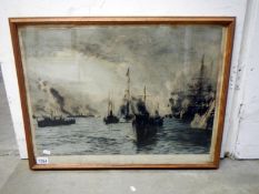 Framed and glazed print of battleships Feb 1901 'Victoria Victrix' by W.L.Wyllie A.R.A.