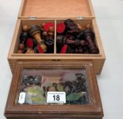 A jewellery box & contents & a chess set