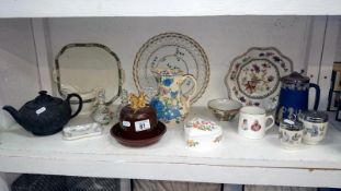 A mixed lot of china including Masons, Wedgwood, Coalport, cheese dome with mice on top etc.