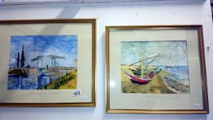 2 good framed and glazed watercolours 'fishing boats and bridge at Langlois' after Van Gogh both