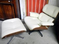 1970's teak ply and leather revolving chair and foot stool