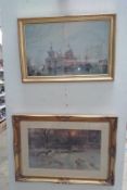 2 gilt framed and glazed prints of continental river scene and a rural scene in Winter