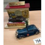 2 Tri-ang Minic tinplate clockwork cars and rare Minic filling station