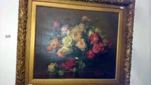 Floral still life oil on canvas of a bowl of roses signed R.G.
