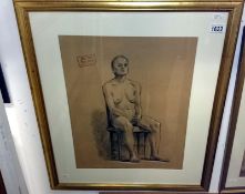 Studio stamped 1950's coloured graphite drawing of a seated nude by Cambridge art school tutor John