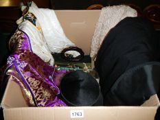 Box of silk clothing top hat a/f etc