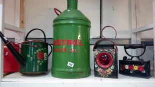 Painted Castrol oil tin and 3 items of barge ware