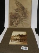 A sepia painting of Lincoln Castle and an ink drawing of a cherub