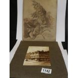 A sepia painting of Lincoln Castle and an ink drawing of a cherub