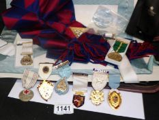 2 Masonic aprons and 10 Masonic medals including silver gilt