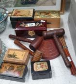 A quantity of money boxes and trinket boxes, 3 gavels with 1 stand etc.