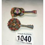 Pair of micro mosaic guitar shaped brooches