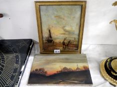 Oil on board 'shrimp boats' and unframed rural oil on canvas