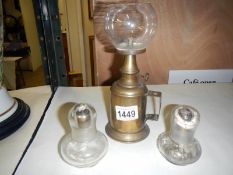 A brass French pigeon oil lamp and 2 others