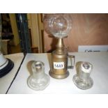 A brass French pigeon oil lamp and 2 others