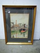 Framed and glazed waterclour of a 'Moored paddle steamer' signed Robt Barkes 1925.
