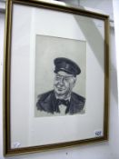 Pencil and charcoal drawing of Winston Churchill signed AEB 1947 (possibly Cornish artist Albert