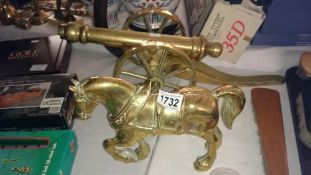 A very heavy brass cannon & brass horse