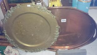 A large Victorian oval tray & heavy brass tray