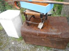 A tin trunk, stool etc