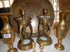 A quantity of brassware including candlestick