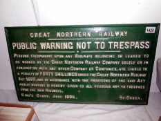 A pre-grouping railway sign for the Great Northern Railway - Public Warning Not to Trespass