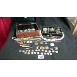 A good box of mixed jewellery including silver fob, fleet air brooch, pre 1947 3d pieces,
