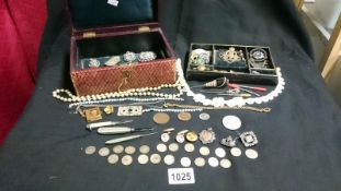 A good box of mixed jewellery including silver fob, fleet air brooch, pre 1947 3d pieces,