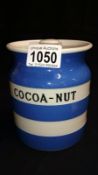 A TG Green Cornishware storage jar 'cocoa-nut'. Black sheild mark. height 5.