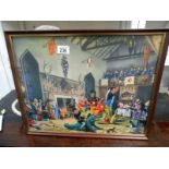 A framed and glazed colourful medieval courtroom Jester scene print