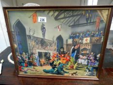 A framed and glazed colourful medieval courtroom Jester scene print