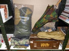 A quantity of Military camouflage gear including clothing & ammo box
