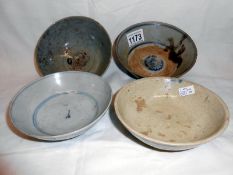 4 early Chinese Qing decorated blue and white rice bowls a/f