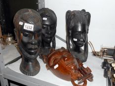 3 carved wood African heads (1 a/f) and a carved African wall mask