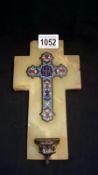 An enamelled cross & Holy water font on onyx & brass mount