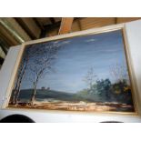 A 20th C oil on board rural scene End of the Gallops signed Penelope Douglas