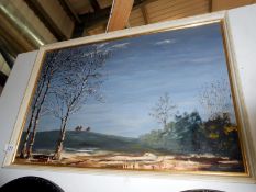 A 20th C oil on board rural scene End of the Gallops signed Penelope Douglas