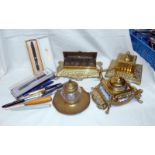 3 Victorian brass inkwells and a large stamp box and a quantity of fountain pens