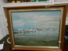 An oil on canvas of boats moored Paynesville, Gippsland Lakes,