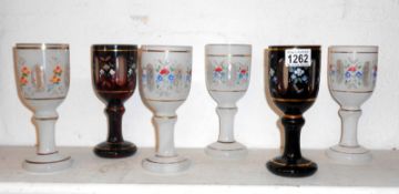4 white and 2 ruby overlaid and hand painted glass goblets