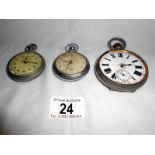 Large 8 day pocket watch and an old stop watch & Ingersoll pocket watch and case a/f