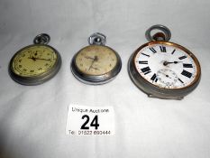 Large 8 day pocket watch and an old stop watch & Ingersoll pocket watch and case a/f